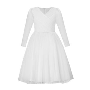 Biała sukienka komunijna z długim rękawem z satyny i tiulu diamencikowy pasek