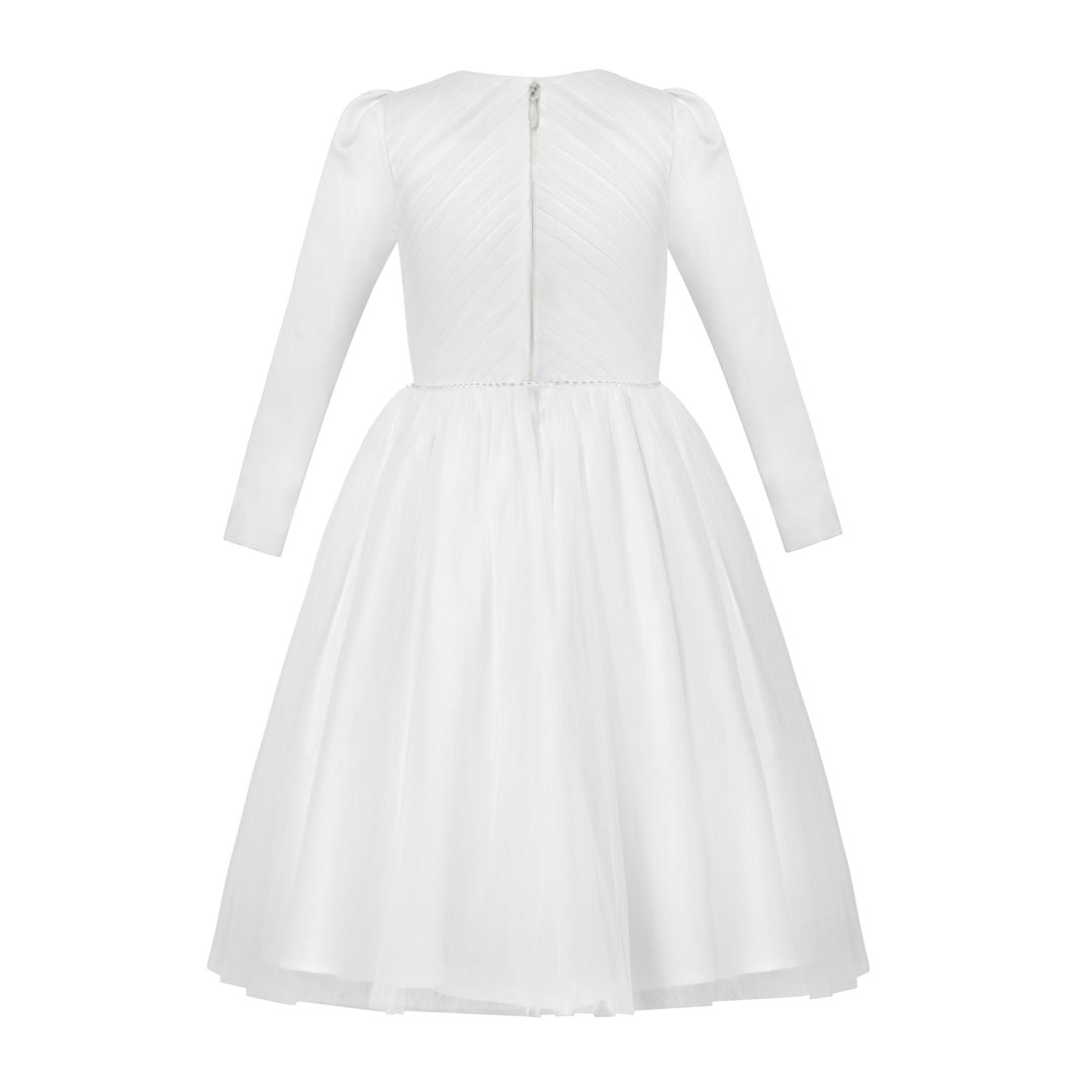 Biała sukienka komunijna z długim rękawem z białej satyny i tiulu diamencikowy pasek zapinana na zamek